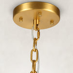 Brass-finish ceiling canopy and suspension connection detail