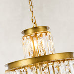 Compact crystal drum chandelier, top cage and upper crystal bars close view.