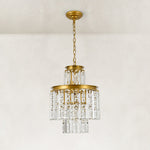 Compact tiered crystal drum chandelier in a complete unlit product view.