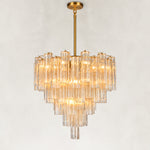 Illuminated tiered tubular glass chandelier with a round canopy