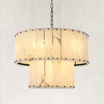 Illuminated two-tier alabaster drum chandelier with black finish