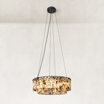 Two-Tier Marble Panel Drum Chandelier 31.5" in Black metal finish, shown as a complete fixture