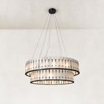 Two-Tier White Marble Drum Chandelier 39.4" in Black metal finish, shown as a complete fixture