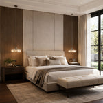 Veined Marble Drum Pendant installed beside a bed in a furnished bedroom