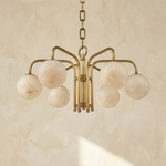 Brass 6-orb Alabaster Pendant Light by Dalmivik, complete fixture view