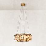 Two-Tier Marble Panel Drum Chandelier 31.5" in Gold metal finish, shown as a complete fixture