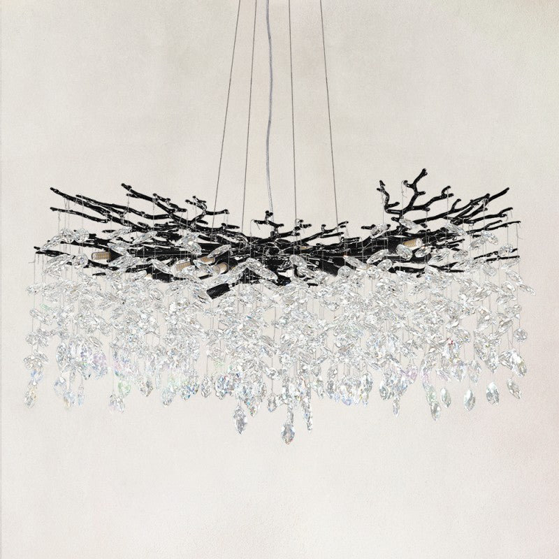 Black-finish round crystal branch chandelier