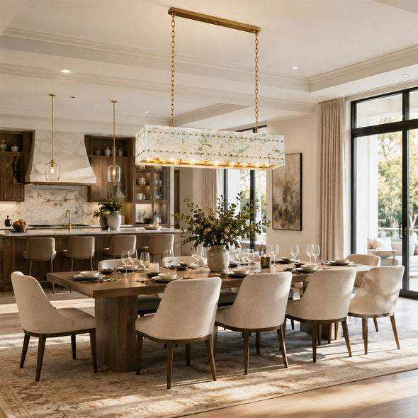 Rectangular marble pendant centered above a long dining table