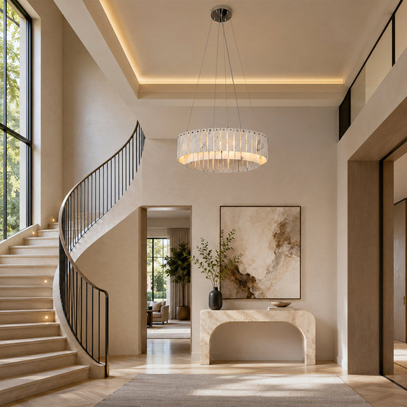Two-tier white marble ring chandelier installed near an indoor staircase