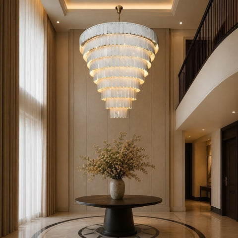 Statement lighting for high ceiling foyer and staircase interiors