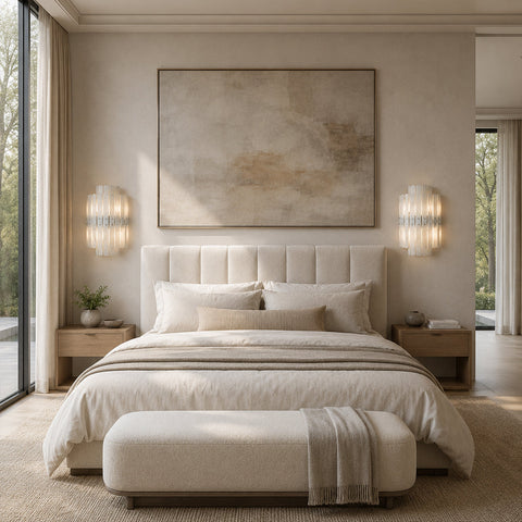 Vertical layered marble wall sconce beside a bed
