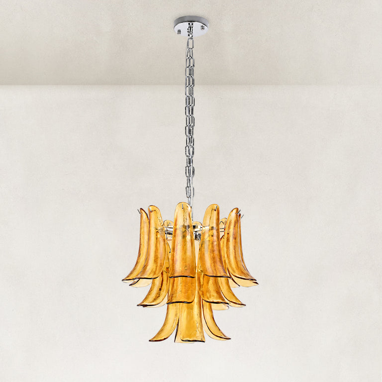 Amber Glass Petal Three-Tier Chandelier - Polished Nickel / Amber Glass complete fixture