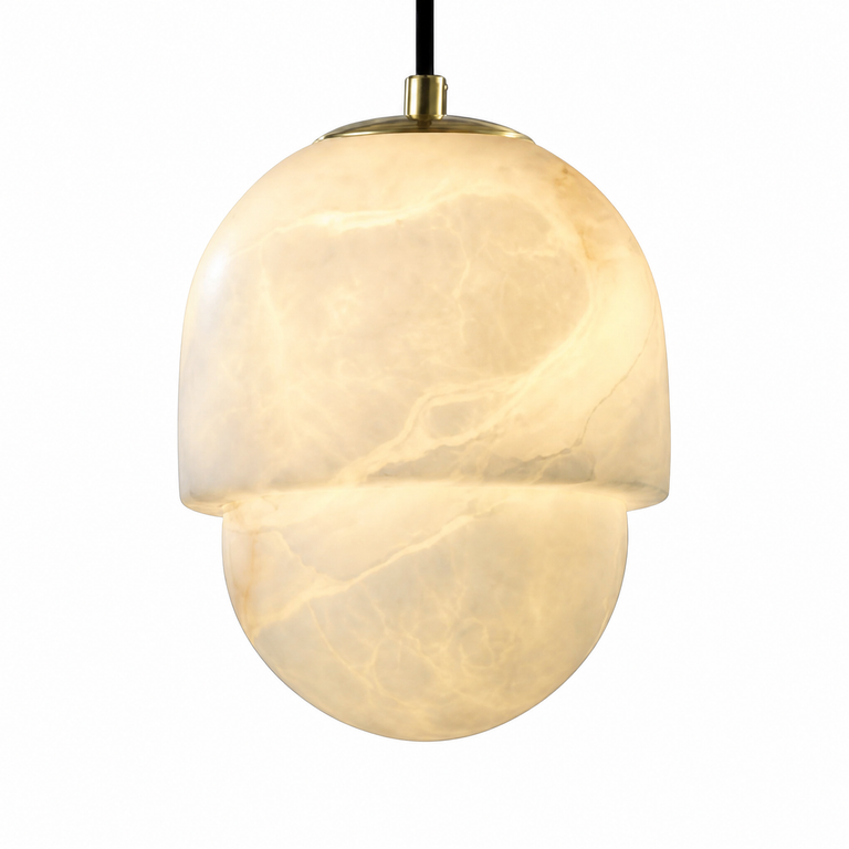 Hollis Minimalist Brass Alabaster Pendant Light 8.3" D by Dalmivik, complete fixture view