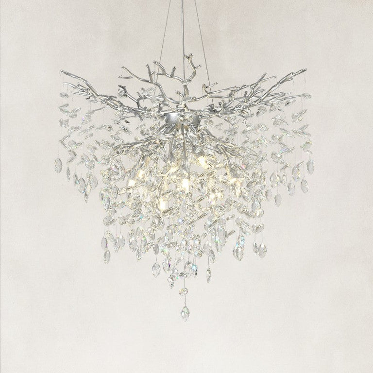 Silver-finish deep crystal branch cascade chandelier with the complete fixture visible
