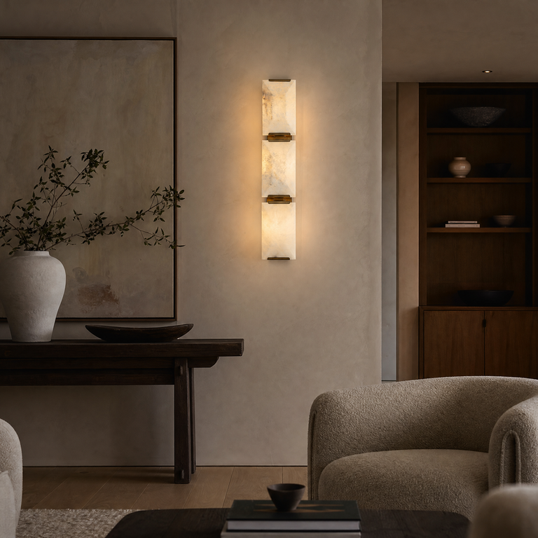 Blocco Modern Alabaster Linear Wall Sconce by Dalmivik, product or room detail view