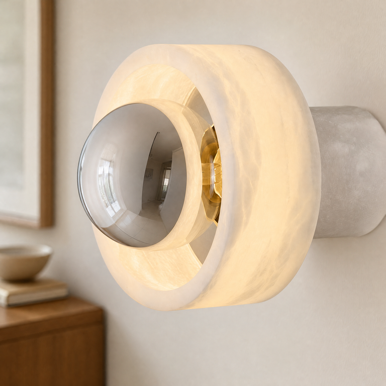 Bosco Wood Polished Orb Alabaster Halo Wall Sconce by Dalmivik, complete fixture view