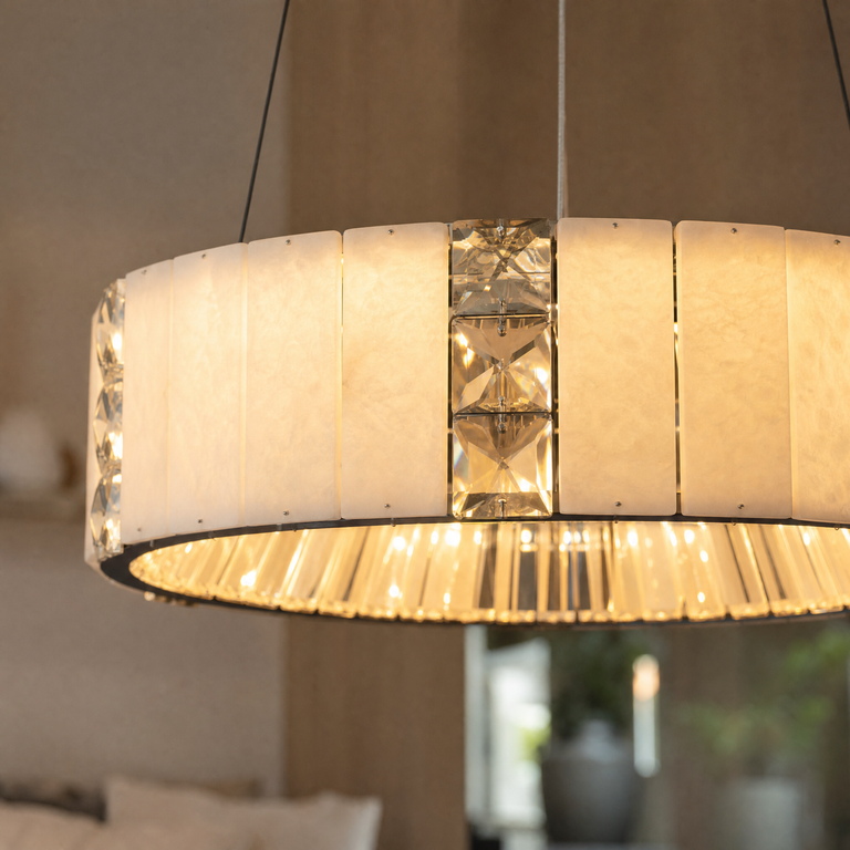 Cristallo Modern Alabaster Round Drum Chandelier by Dalmivik, product or room detail view