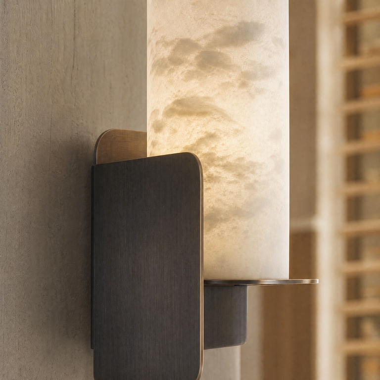 Cylinder Wrap Alabaster Bronze Blade Wall Sconce by Dalmivik, product or room detail view