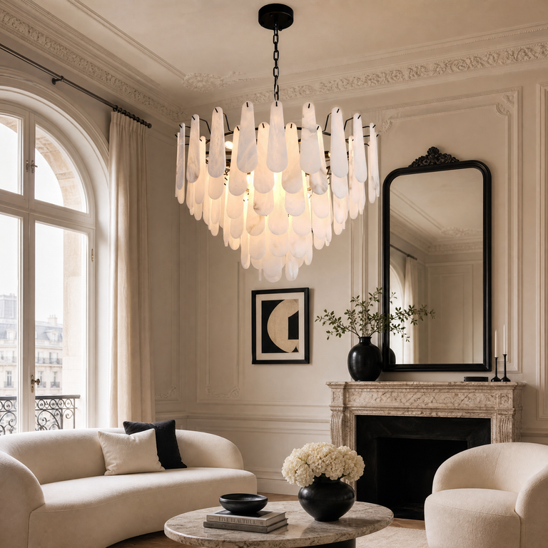 Olivia Alabaster Feather Round Pendant 31.5" D by Dalmivik, product or room detail view