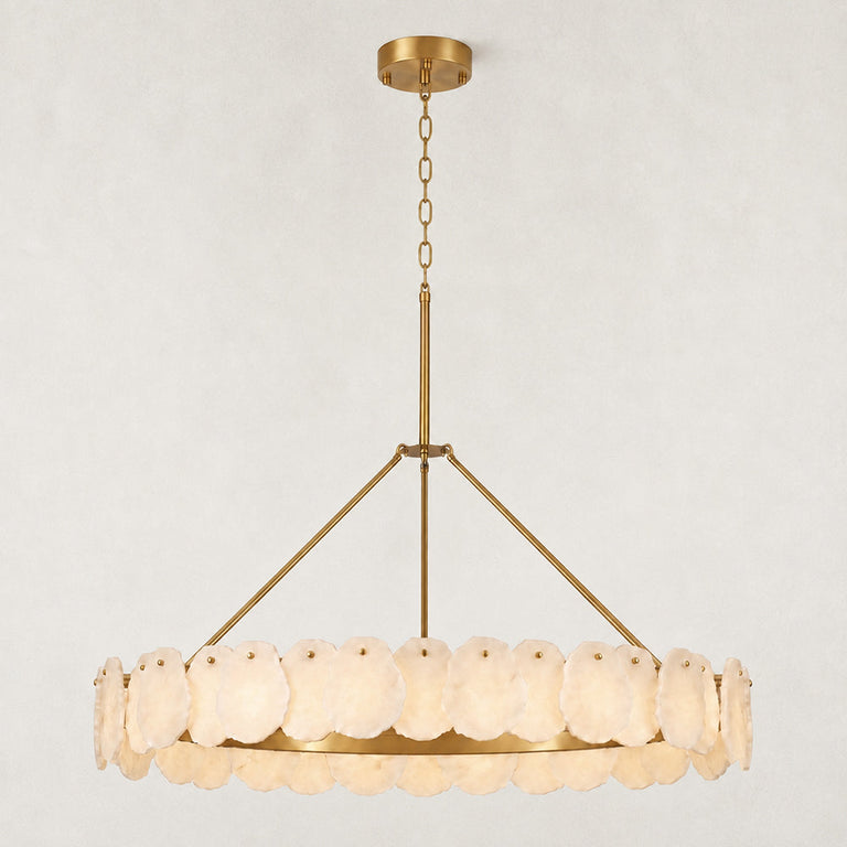 Alabaster Disc Round Chandelier in Lacquered Burnished Brass — 48 in