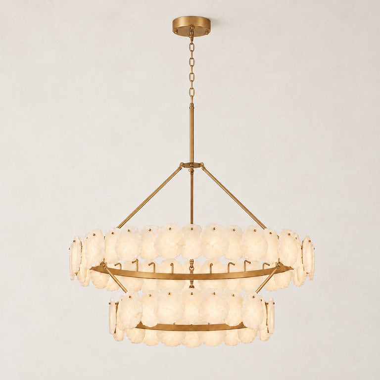 Two-Tier Alabaster Disc Chandelier in Brass — 48 in