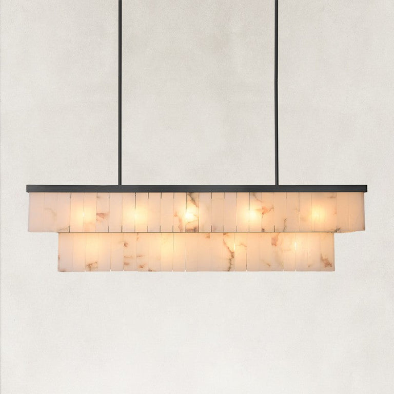 Tiered Alabaster Disc Linear Chandelier in Black — 54.5 in