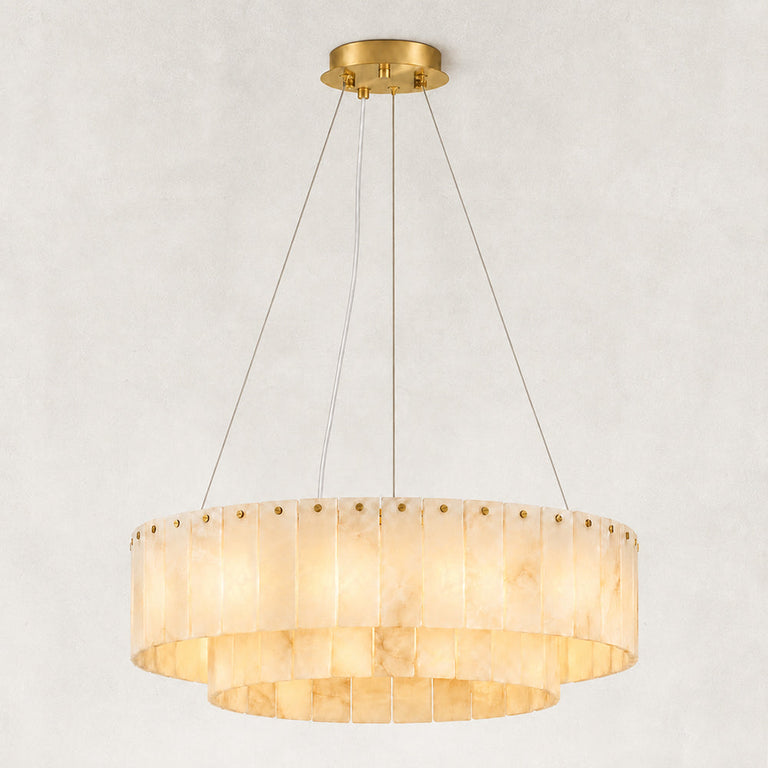 Double-Layer Alabaster Round Chandelier in Brass — 24 in