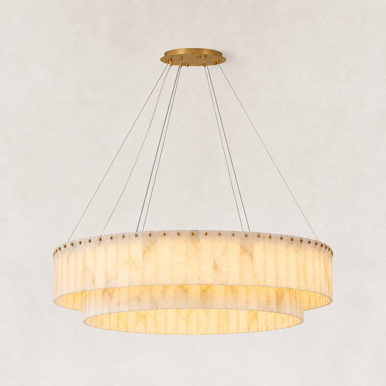 Double-Layer Alabaster Round Chandelier in Brass — 48 in