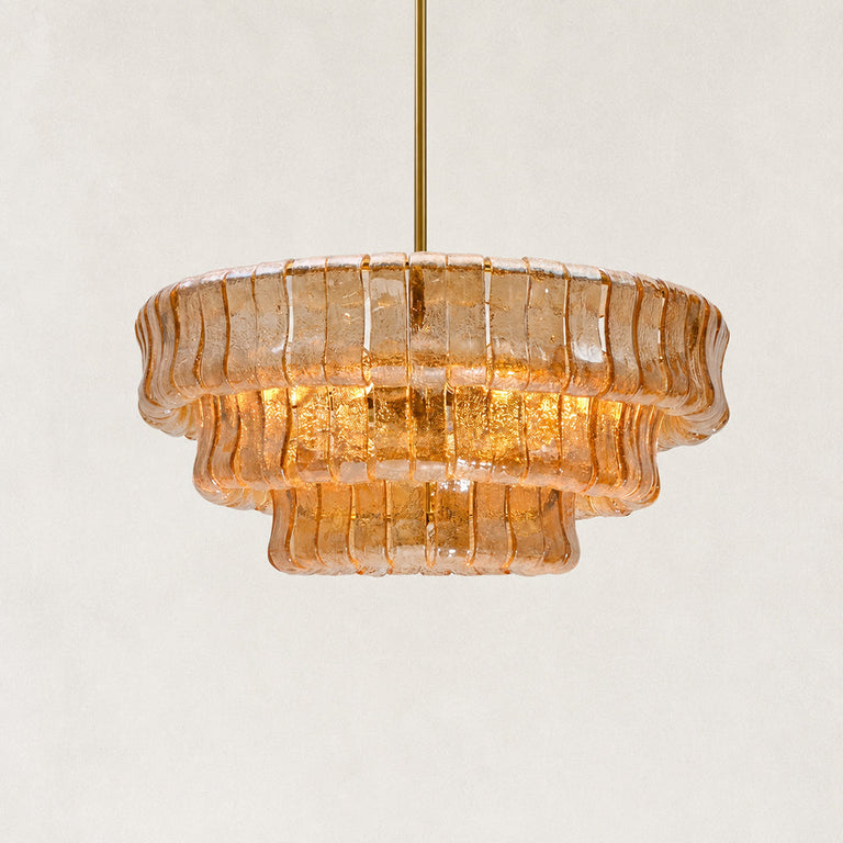 Textured glass round chandelier with lacquered burnished brass hardware