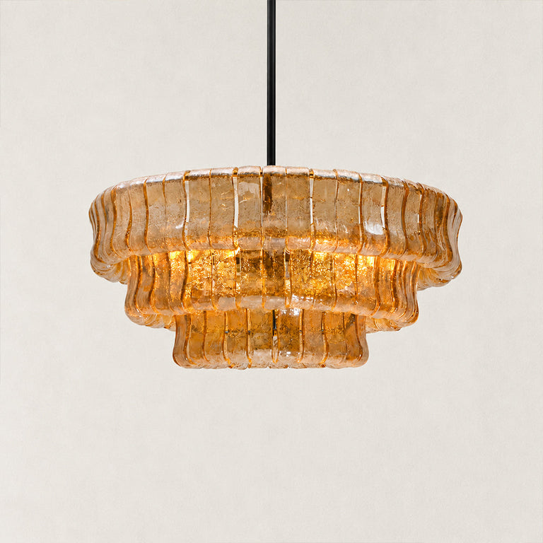 Textured glass round chandelier with matte black hardware
