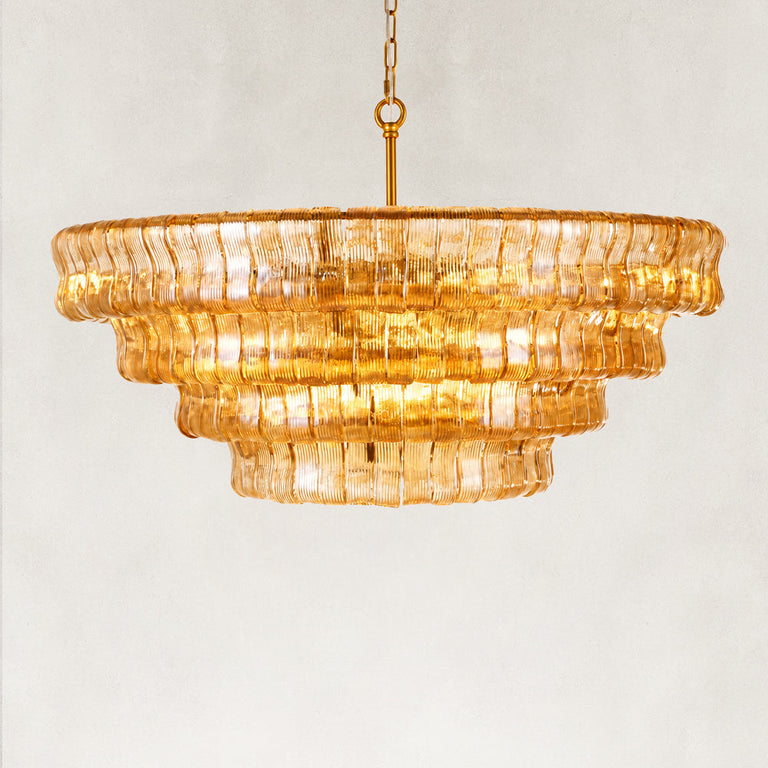 Amber fluted glass round chandelier with stepped tiers