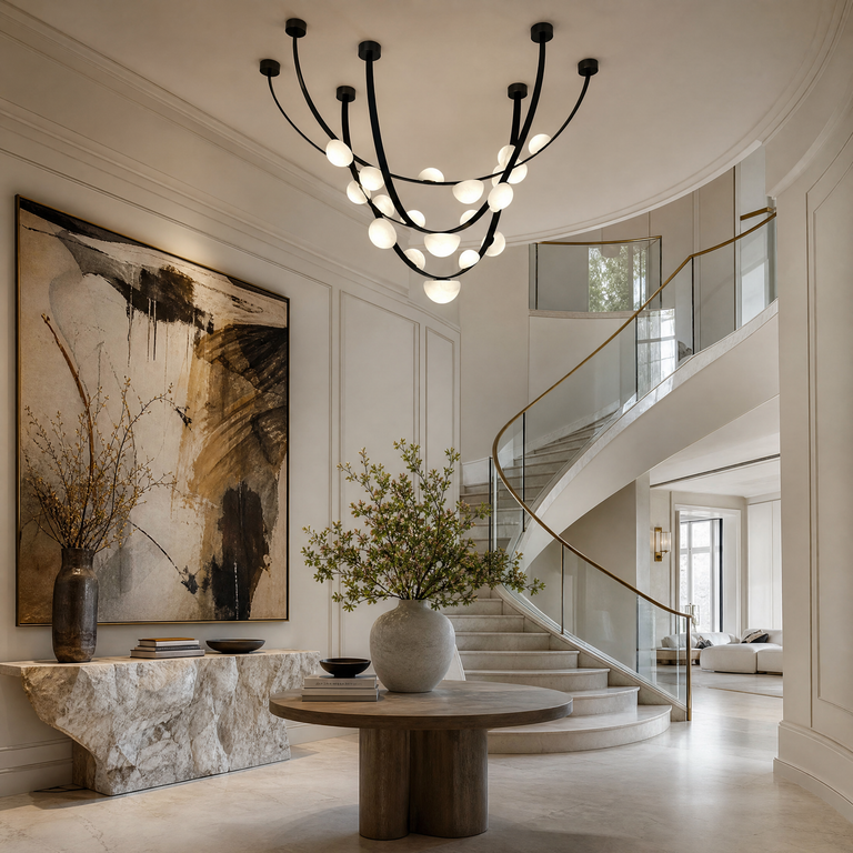 Dew Drops Alabaster LED Chandelier – Black White Warm Light by Dalmivik, product or room detail view
