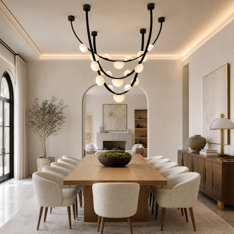 Dew Drops Alabaster LED Chandelier – Black White Warm Light by Dalmivik, product or room detail view