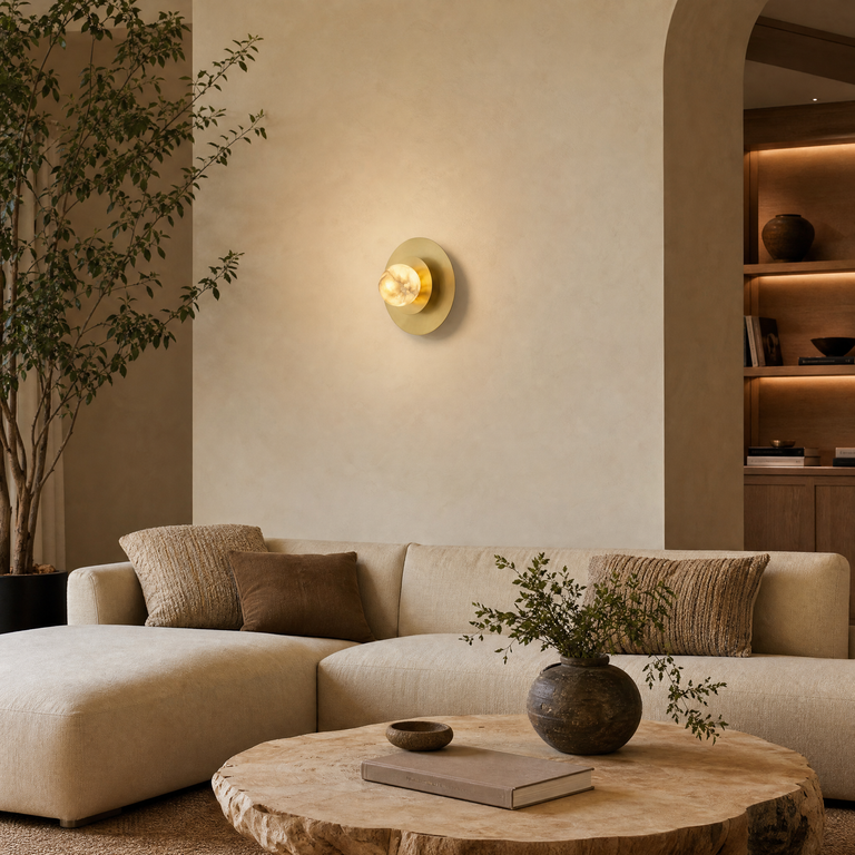 Eclipse Orb Triple Halo Alabaster Wall Sconce by Dalmivik, product or room detail view