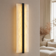 Framed Slab Open Frame Alabaster Vertical Wall Sconce by Dalmivik, complete fixture view