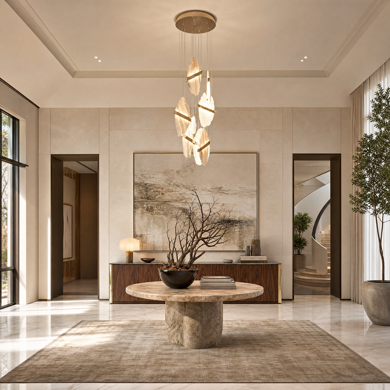 Gold-White Alabaster LED Chandelier with Seven Panels by Dalmivik, product or room detail view