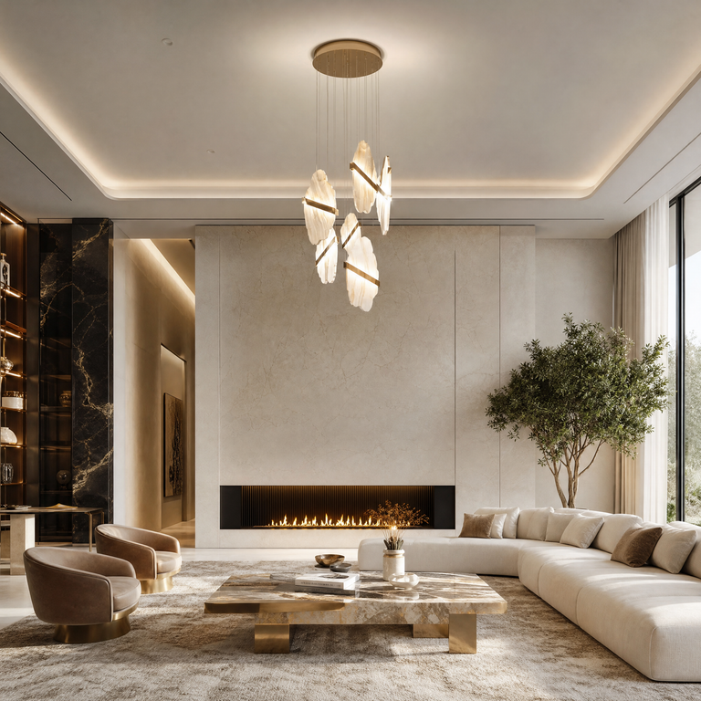 Gold-White Alabaster LED Chandelier with Seven Panels by Dalmivik, product or room detail view
