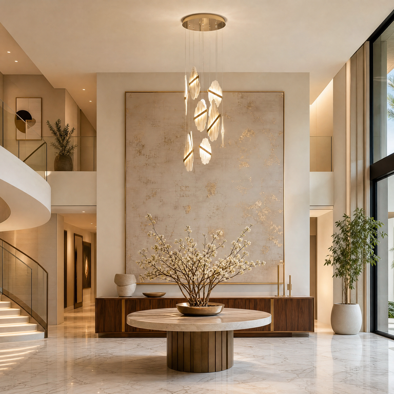 Gold-White Alabaster LED Chandelier with Seven Panels by Dalmivik, product or room detail view