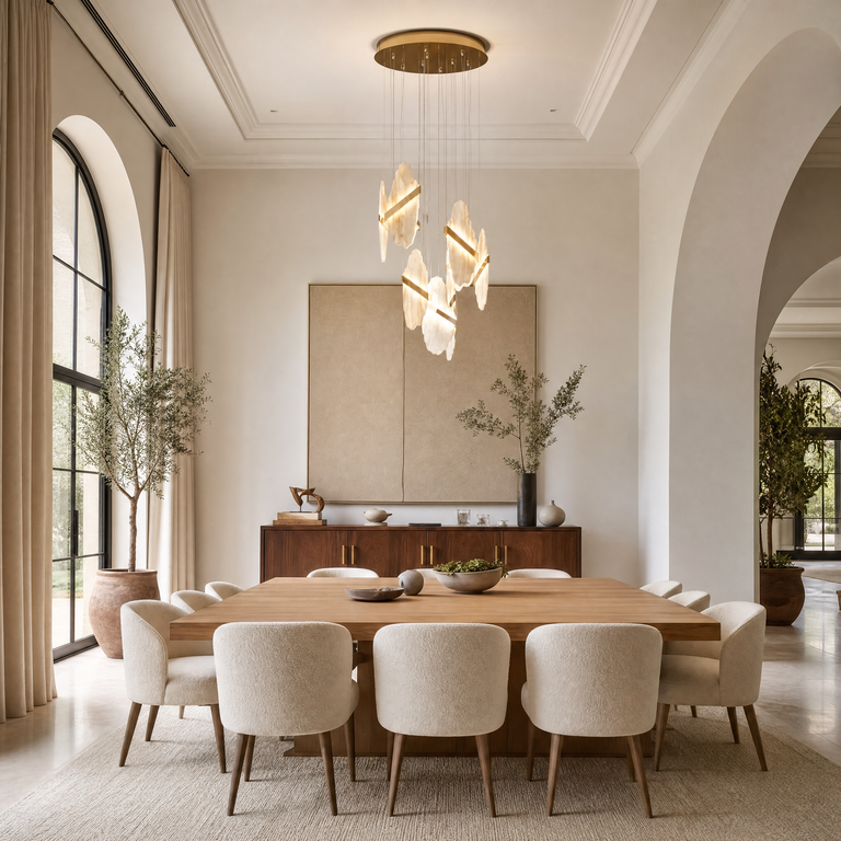 Gold-White Alabaster LED Chandelier with Seven Panels by Dalmivik, product or room detail view