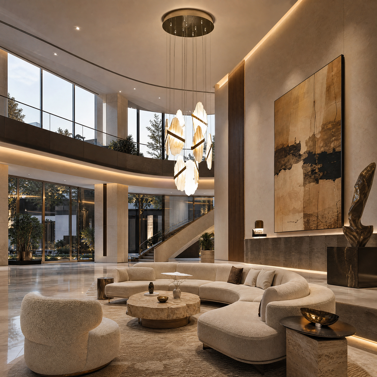 Gold-White Alabaster LED Chandelier with Seven Panels by Dalmivik, product or room detail view