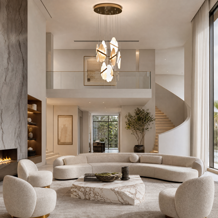Gold-White Alabaster LED Chandelier with Seven Panels by Dalmivik, product or room detail view