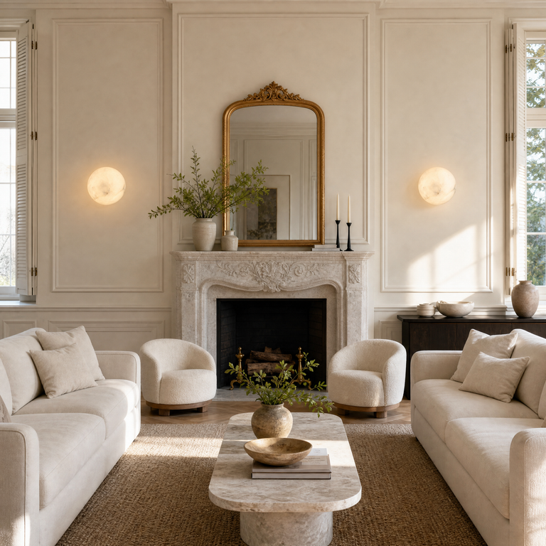 Greta Modern Alabaster Round Wall Sconce by Dalmivik, product or room detail view