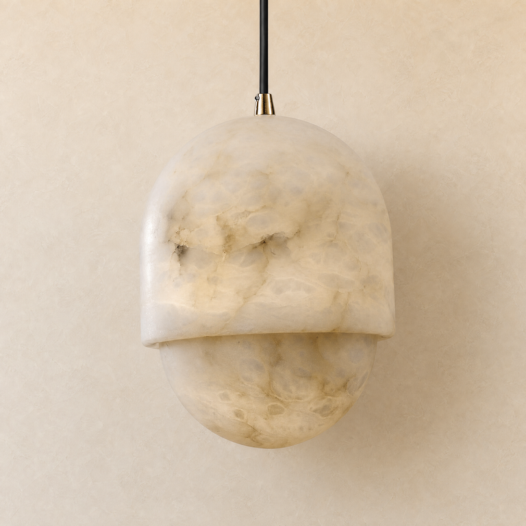 Hollis Minimalist Brass Alabaster Pendant Light 8.3" D by Dalmivik, complete fixture view