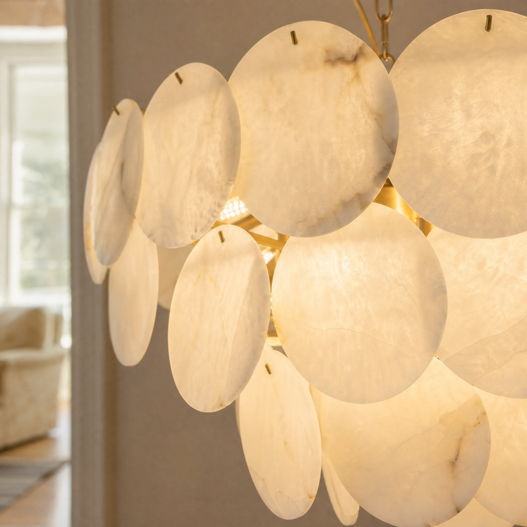 Hollis Modern Alabaster Round Chandelier by Dalmivik, product or room detail view