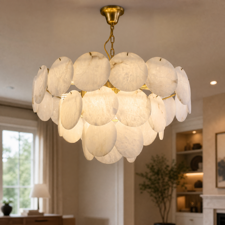 Hollis Modern Alabaster Round Chandelier by Dalmivik, product or room detail view