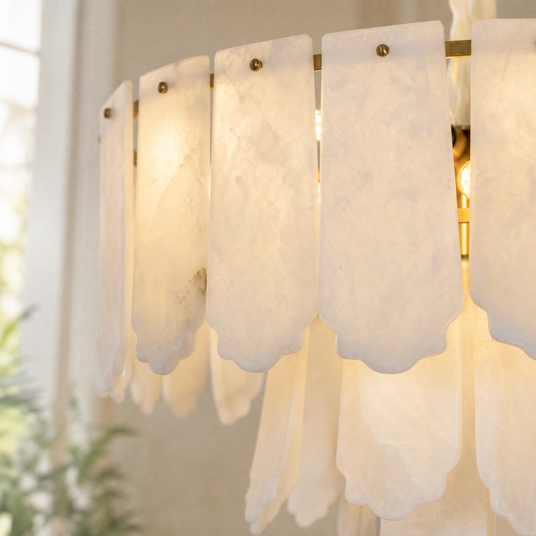 Hollis Modern Alabaster Round Pendant Light by Dalmivik, product or room detail view