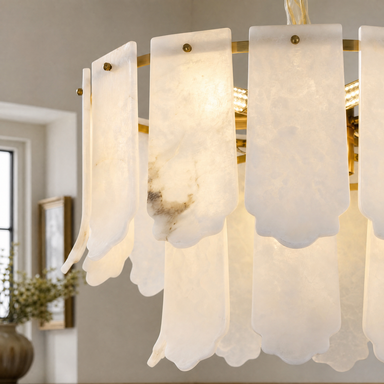 Hollis Modern Alabaster Round Pendant Light by Dalmivik, product or room detail view