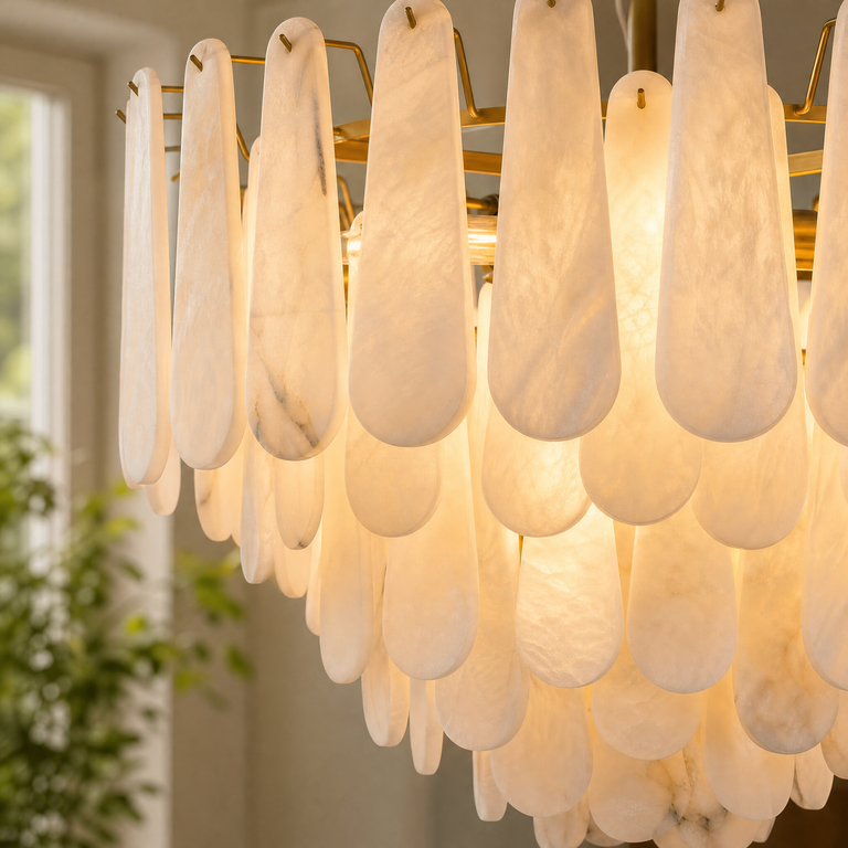 Hollis Modern Alabaster Tiered Chandelier by Dalmivik, product or room detail view