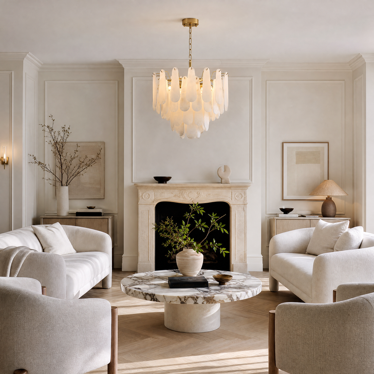 Hollis Modern Alabaster Tiered Chandelier by Dalmivik, product or room detail view
