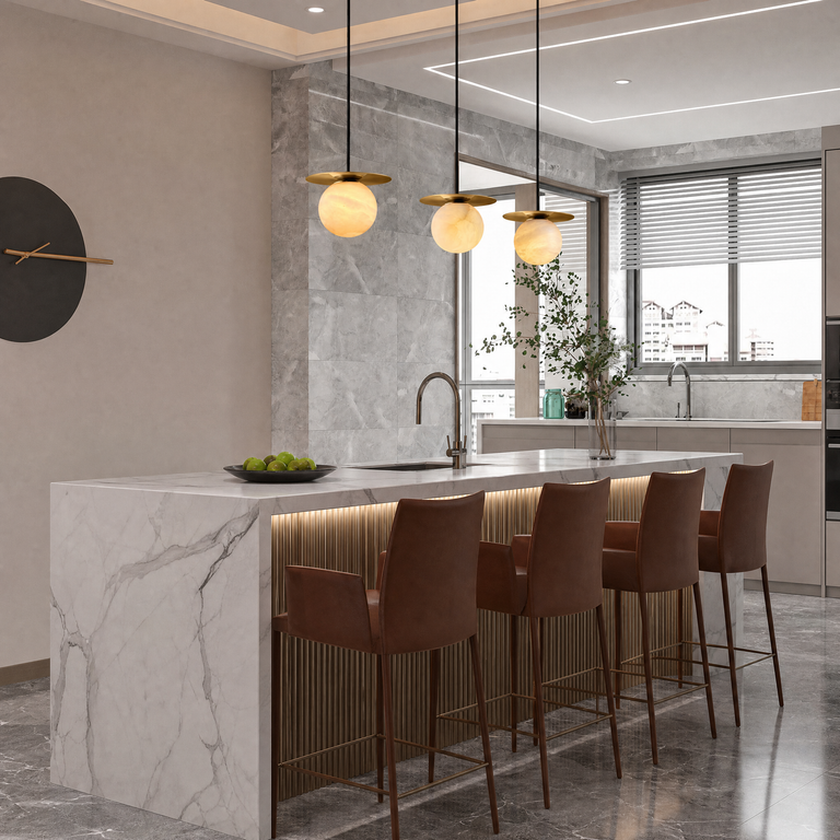 Orbita Alabaster Globe Pendant by Dalmivik, product or room detail view